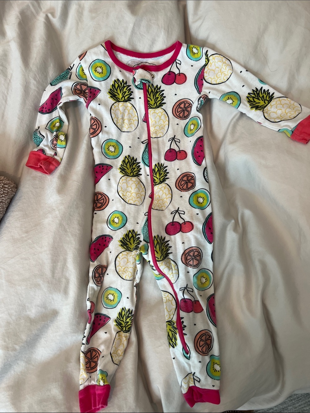 Girls' White Fruit-Print One-Piece Pajamas with Pink Trim 18m